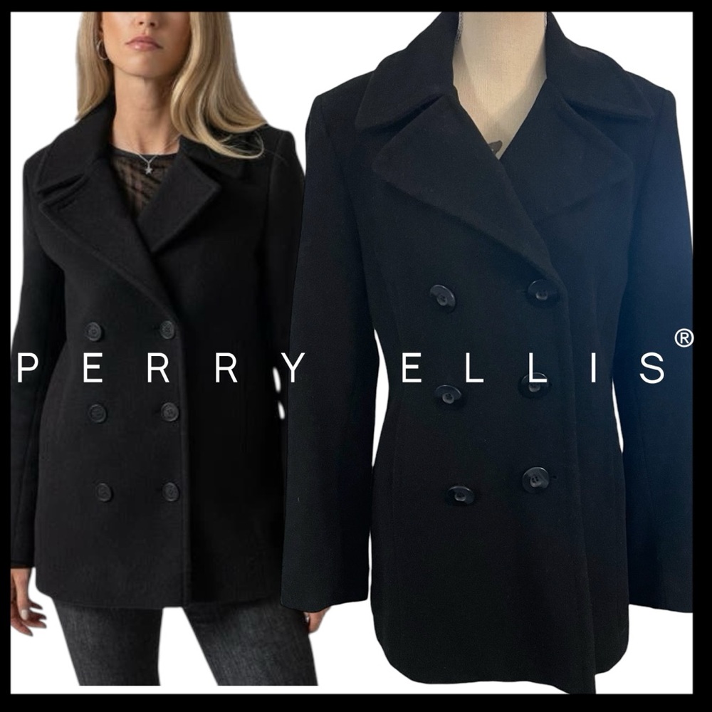 Perry Ellis Portfolio Black Wool Cashmere Blend Double Breasted Coat (8)